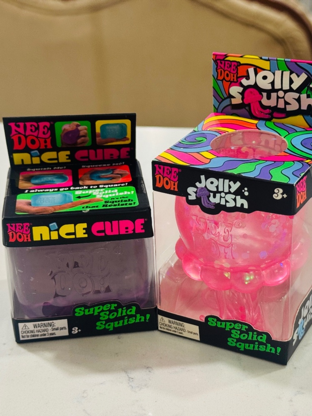 Bundle of 2 Needohs -  Purple Nice Cube and Pink Jelly Squish, Brand New!